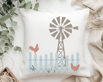 Sierkussen, boerderijkussen, boerderijkussen, boerderijdecor, kippen, windmolen, kip, haan, houten hek, boerderijleven, schattig decor