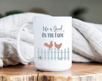 Life Is Good-mok, boerderijmok, boerderijbeker, boerderij, kippen, hek, kip, haan, mok van 15 oz, koffiekop, mok hete cacao, kopje thee, theemok