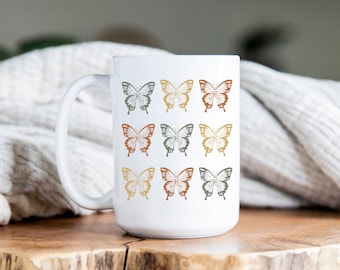 Vlindersmok, koffiemok, mok van 15 oz, schattige kop, mok hete kokos, theemok, cadeau voor dochter, neutrale kleuren, vlinder, cadeau voor vriend