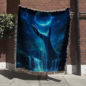 Mystical Moon Waterfall Blanket: Celestial Woven Art Tapestry