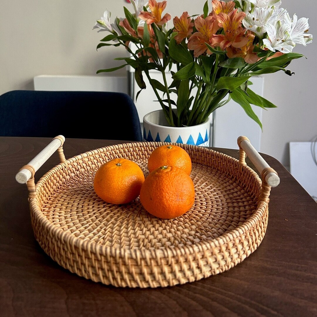Oriental Round Rattan Tray With Handles - Large Size - Etsy
