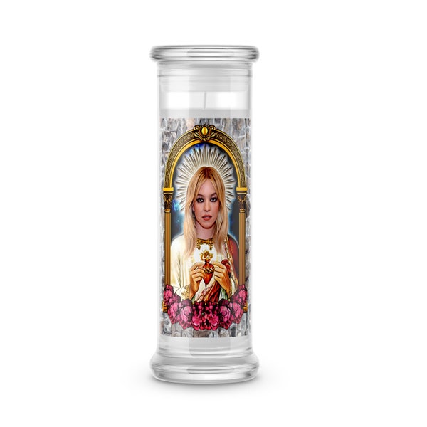 Saint Sydney Sweeney Candle Sydney Sweeney Prayer Candle Sydney Sweeney Sticker