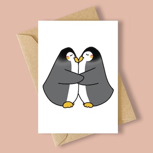 Penguins in Love Engagement Wedding Anniversary Greeting Card Hand Drawn Whimsical Sweet