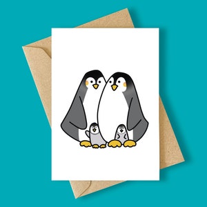 Penguin Family of Four Cute Second Baby Greeting Card Hand Drawn Whimsical Sweet