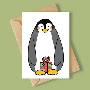 Present Penguin Cute Christmas Card Hand Drawn Whimsical Celebration