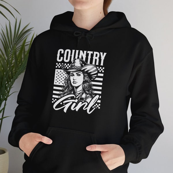 Country Girl Hoodie: Cowboy Hat Illustration with American Flag Background - Western Style Sweatshirt