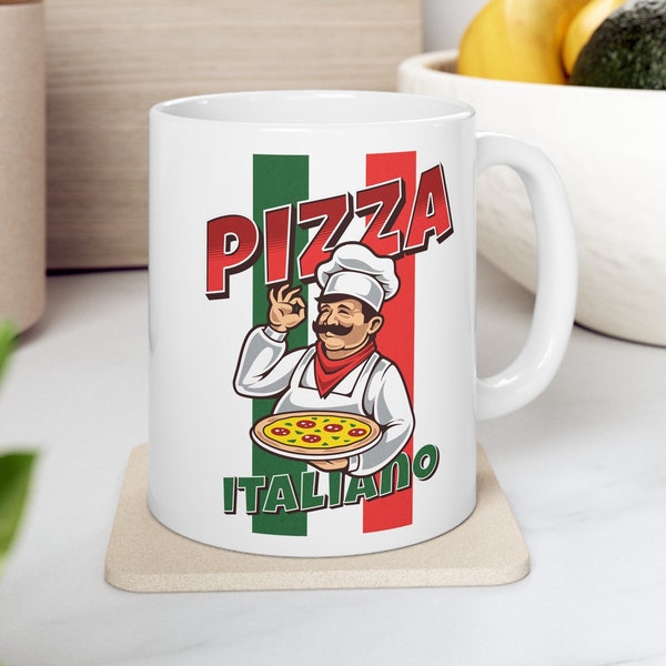 Italian Pride Pizza Mug: Ceramic Coffee Cup with Chef and Italy Flag Design