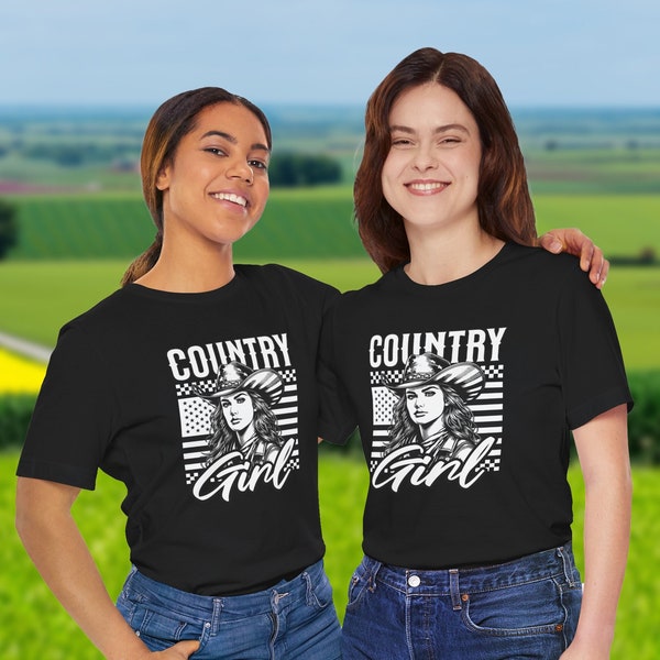 Country Girl T-Shirt: Cowboy Hat Illustration with American Flag Background - Western Style Tee