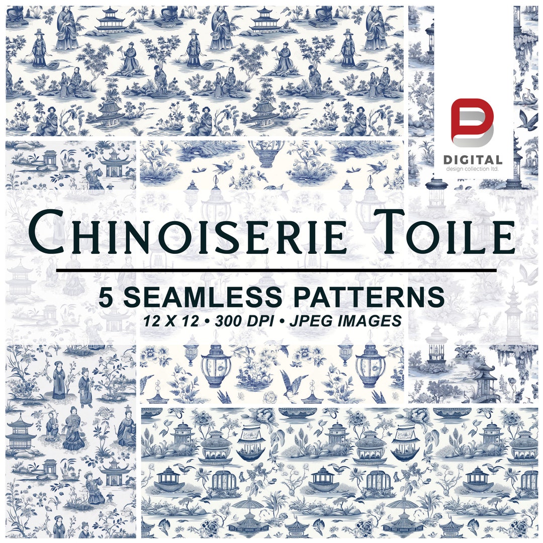 Chinoiserie Toile Blue and White Asian Luxury Seamless Digital Pattern ...