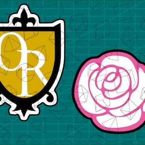May include: Two iron-on patches, one with a gold shield with the letters "OR" in white, and the other with a pink rose.
