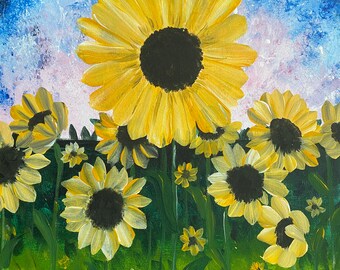 May include: A painting of a field of sunflowers under a starry night sky with a full moon. The sunflowers are yellow with dark centers and are arranged in a field of green grass.