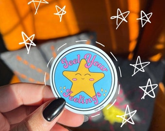 Cute Yellow Star Sticker, Mental Health, Water Bottle, Laptop