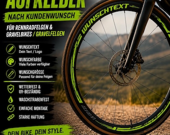 Velgstickers op maat voor racefietsen en gravelbikes | Gepersonaliseerde velgstickers | Tekst op maat | Velgstickers voor fietsen | Fietsstickers