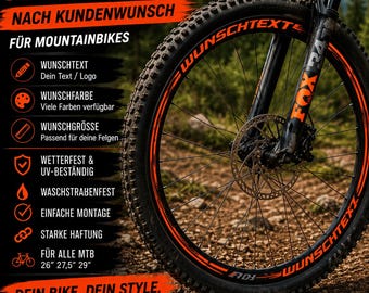 Velgstickers op maat. Individuele velgstickers. Tekst naar keuze. Kleur naar keuze. Weerbestendig. E-bike. Mountainbike. Downhill/Freeride/Enduro.