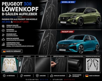 Peugeot 308 - 2022 Leeuwenkop B-stijl Stickers | Matzwart | Car Wrap | Custom Tuning | Set voor links en rechts