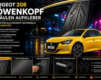 Pegatinas para el pilar B del Peugeot 208 con cabeza de león | Vinilo adhesivo premium para coches | Negro mate | Compatible con 208 II (2019–2026)/Kit de tuning