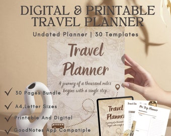 Travel Planner Digital and Printable, Travel Journal, Trip Itinerary Planner, Holiday Planner, Digital Travel Planner Bundle, A4, Letter PDF