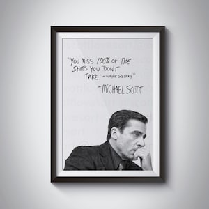 The Office Poster Hand Drawn Sketch Michael Scott Wayne Gretzky Quote, You Miss 100% of the Shots you don't take Poster Print