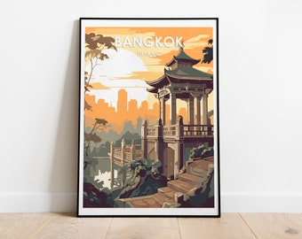 Bangkok Poster, Bangkok Travel Print, Traditioanl Style Wall Art, Home Decor, Thailand Travel Gift