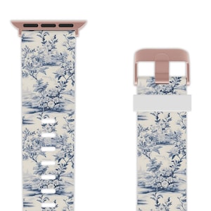 Blauwe toile-horlogeband met bloemen voor Apple Watch, uniseks blauwe Toile de Jouy-horlogeband chinoiserie-chique horlogeband, compatibel tot serie 9