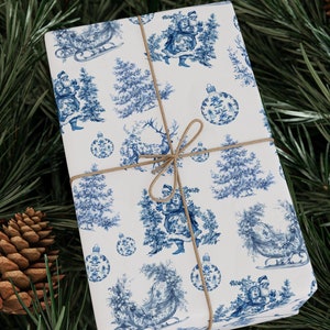 Blue Toile Christmas Wrapping Papers, vintage Toile Christmas gift wrap, Santa gift wrap paper roll craft paper