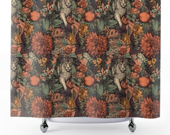 Rideaux de douche floraux tropicaux victoriens avec lions, rideau floral chinoiserie noir avec lions léopards pour salle de bain maximaliste