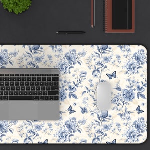 Alfombrilla de escritorio con diseño floral de toile azul, accesorio de escritorio elegante para la vuelta al cole, regalo de lujo silencioso para la oficina en casa, regalo de Navidad elegante