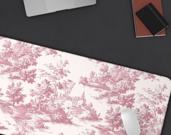 Preppy GdMillennial Office Desk Accessory, Pink Toile de Jouy Desk Mat, Pink Dorm Room Office corner decor, College gift