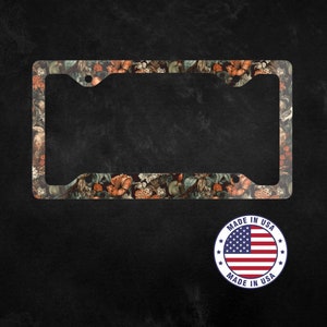 Maximalist Floral William Morris License Plate Frame, for black cars, Chic Luxury Bling License Plate Frame with botanical details, parrots