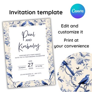 Editable Chinoiserie Wedding Invitation Template: Blue Floral Toile (5x7, Canva)