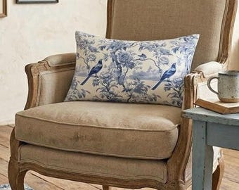 French Toile Lumbar Pillow: Blue Floral Chinoiserie, 20x14