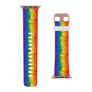 Puede incluir: Una correa de Apple Watch con los colores del arcoíris y un patrón geométrico. La correa presenta un espectro de colores, incluyendo rojo, naranja, amarillo, verde, azul y morado. La correa tiene una hebilla y conectores de oro rosa.