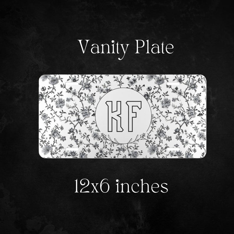 Black Floral Toile License Plate Frame: Chinoiserie Car Accessory Monogram Vanity Tag