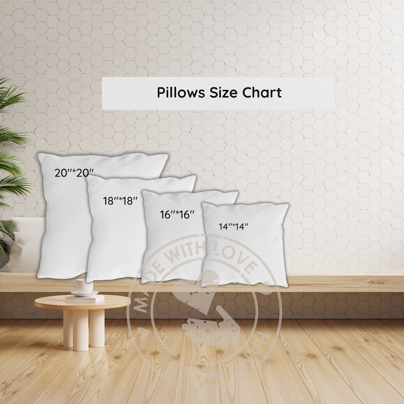 May include: A size chart showing four white square pillows: 50.8cm x 50.8cm, 45.7cm x 45.7cm, 40.6cm x 40.6cm, and 35.6cm x 35.6cm. The text "Pillows Size Chart" is above the pillows. The pillows are on a wooden shelf.