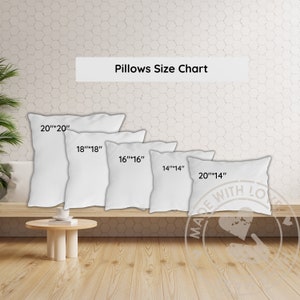 May include: A white pillows size chart graphic displaying five plain white square and rectangular pillows labeled with dimensions 20"x20", 18"x18", 16"x16", 14"x14", and 20"x14". The text Pillows Size Chart is centered at the top of the image.