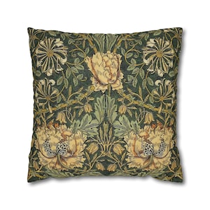 William Morris Honeysuckle Floral Throw Pillow Cover, Green, Golden, Victorian Moody Decor