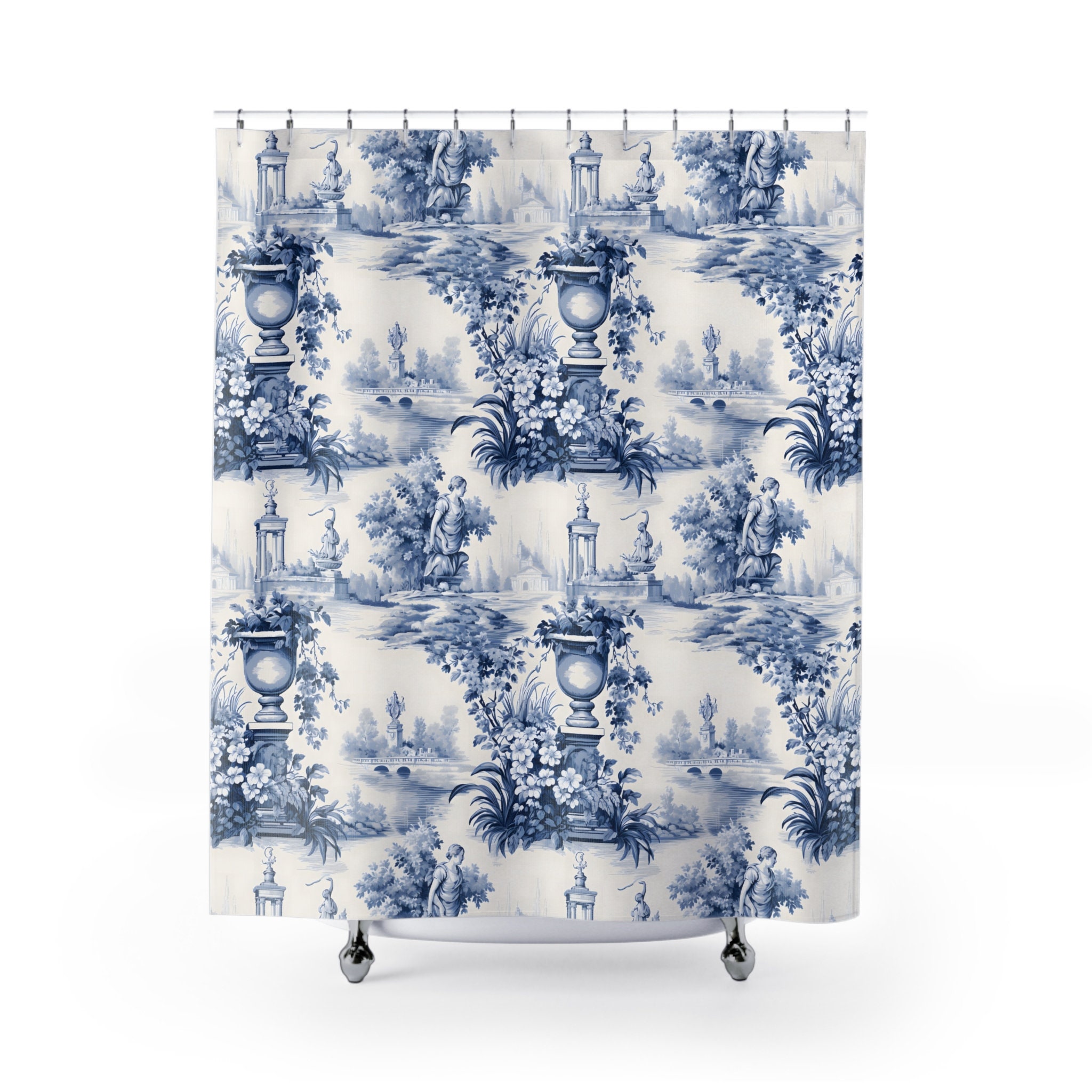 Blue French Toile Shower Curtains, Blue Floral and Antique Pattern for