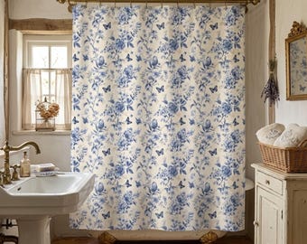 Blauw gebloemd chinoiserie-douchegordijn: Franse boerderij badkamerinrichting