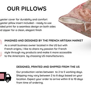 May include: A cushion with a floral design in pink, cream, and green hues. It features a concealed zip and is made from 100% polyester. The text "OUR PILLOWS" is at the top of the image.