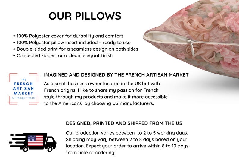 May include: A cushion with a floral design in pink, cream, and green hues. It features a concealed zip and is made from 100% polyester. The text "OUR PILLOWS" is at the top of the image.