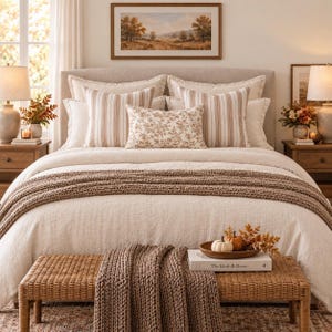 May include: A bed with a beige duvet, a brown knit throw, and several pillows including striped and floral patterns. A woven bench sits at the foot of the bed with a book titled The Kinfolk Home, small pumpkins, and autumn foliage on top.