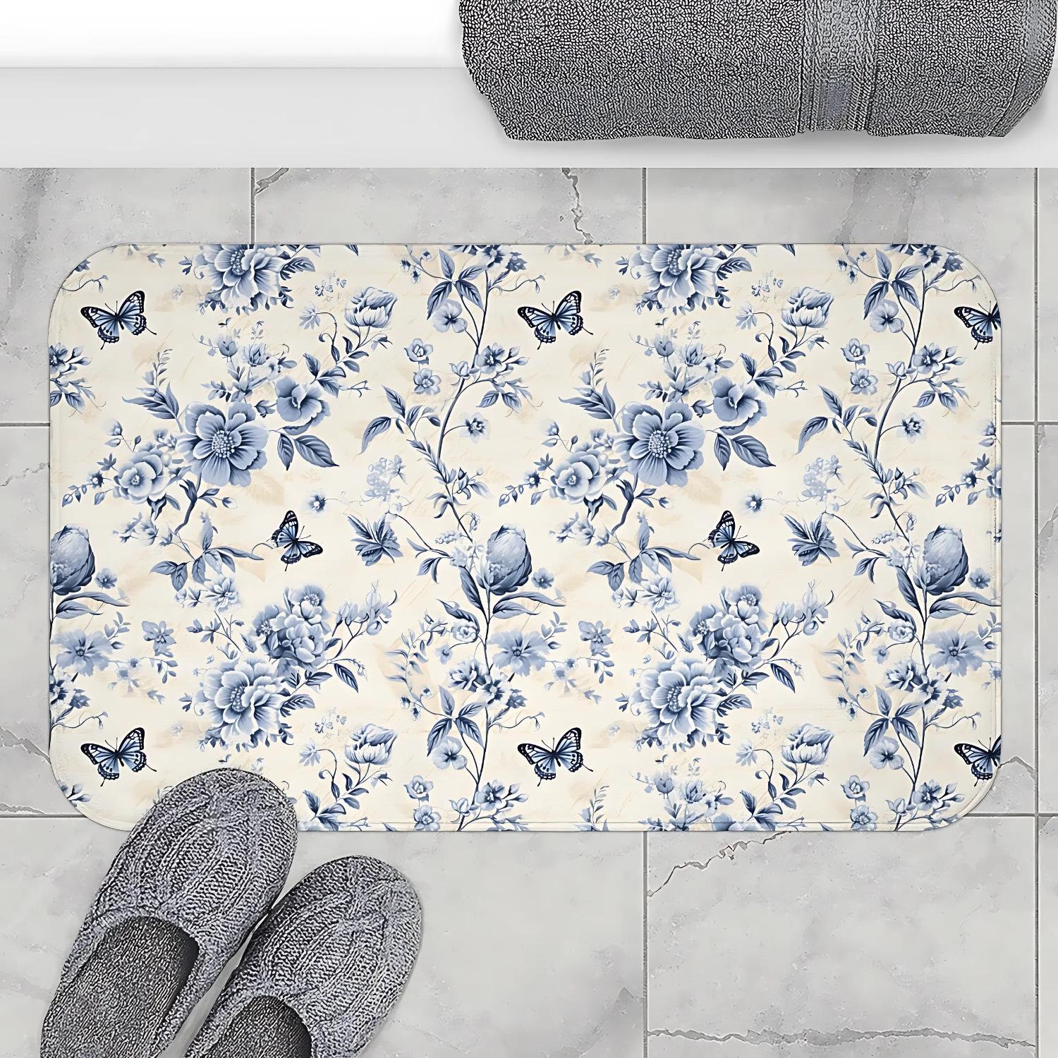 Blue Floral Bath Mat, French Country Cottage Bathroom Decor, Preppy Toile Mat, Butterflies and Flowers, Blue and White Rug, Home Gift