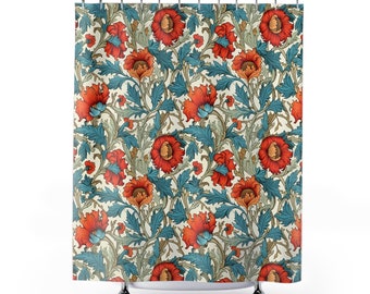 William Morris Floral Shower Curtains, blue and orange bathroom decor, victorian style, floral print decor