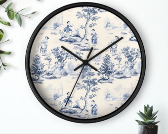 Blue Toile Wall Clock, Toile de Jouy Home accent, Blue Chinoiserie Wall Art Accent, Pastoral French Country home decor