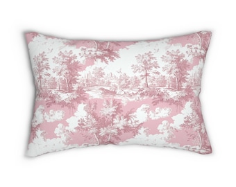 Pink Toile Lumbar Pillow, Toile de Jouy pillow, shabby chic throw pillow, pink bedding, coquette decor, Size: 20*14”