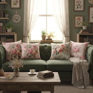 May include: A living room with a green velvet sofa, decorated with four floral cushions. The cushions feature a vintage rose design in pink and green. A wooden coffee table holds books and a teacup, creating a warm and inviting atmosphere.