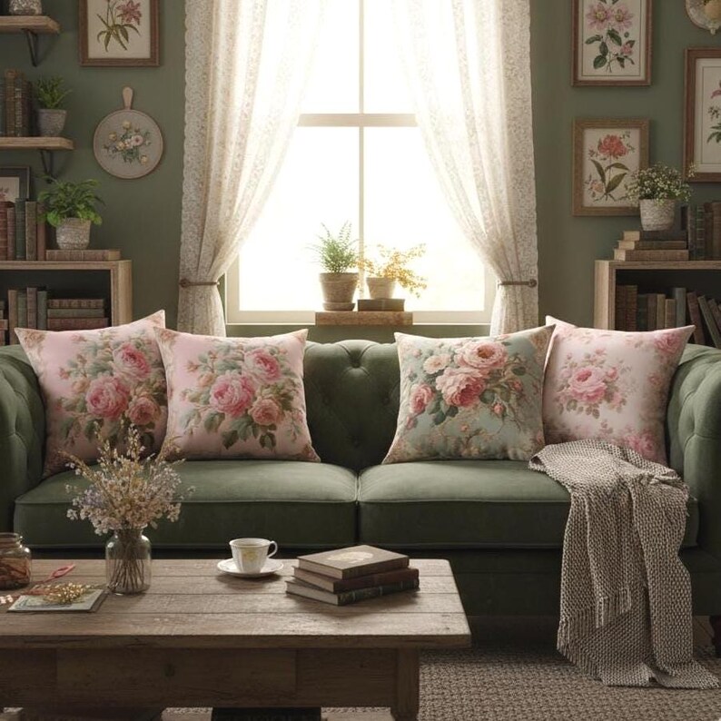 May include: A living room with a green velvet sofa, decorated with four floral cushions. The cushions feature a vintage rose design in pink and green. A wooden coffee table holds books and a teacup, creating a warm and inviting atmosphere.