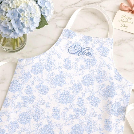 Personalized Blue Hydrangea Apron, Custom Name Apron Gift for Mom, Blue Floral Apron, Coastal Grandma Gift, Cottagecore Apron, Oven Mitts
