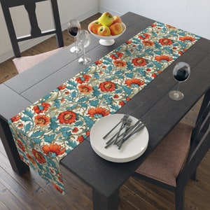 William Morris Table Runner (Cotton, Poly), William Morris tablecloth, Thanksgiving runner home decor, blue and orange William Morris print