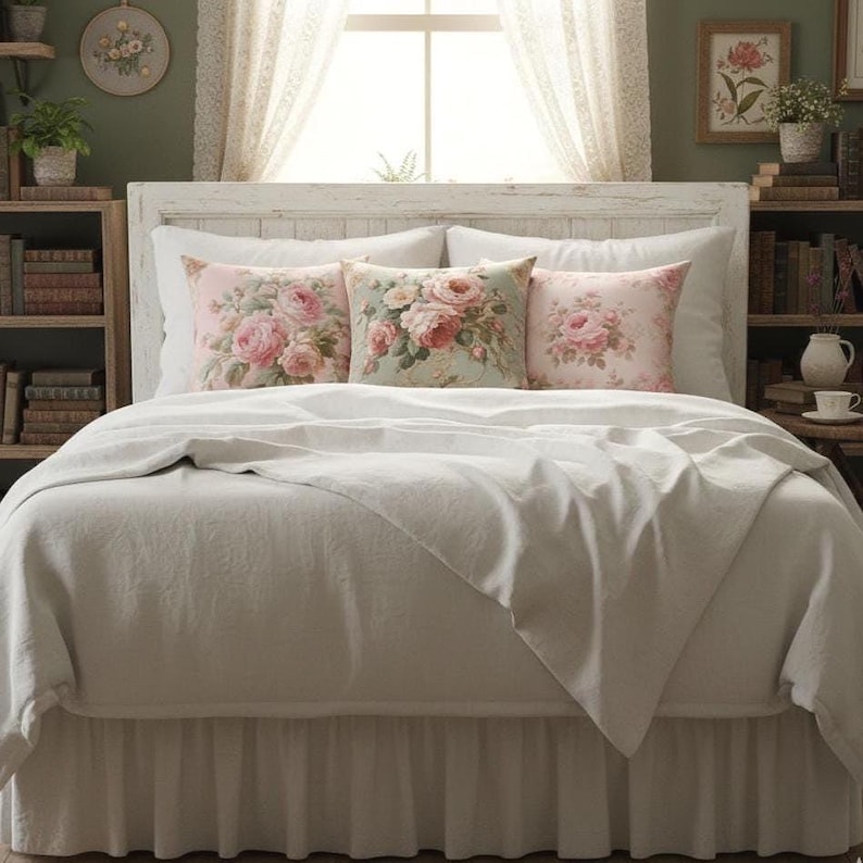 May include: A bed with a white headboard and white bedding. Three decorative throw cushions with floral patterns in pink and green are arranged on the bed. The room has a vintage aesthetic, with framed artwork and lace curtains.